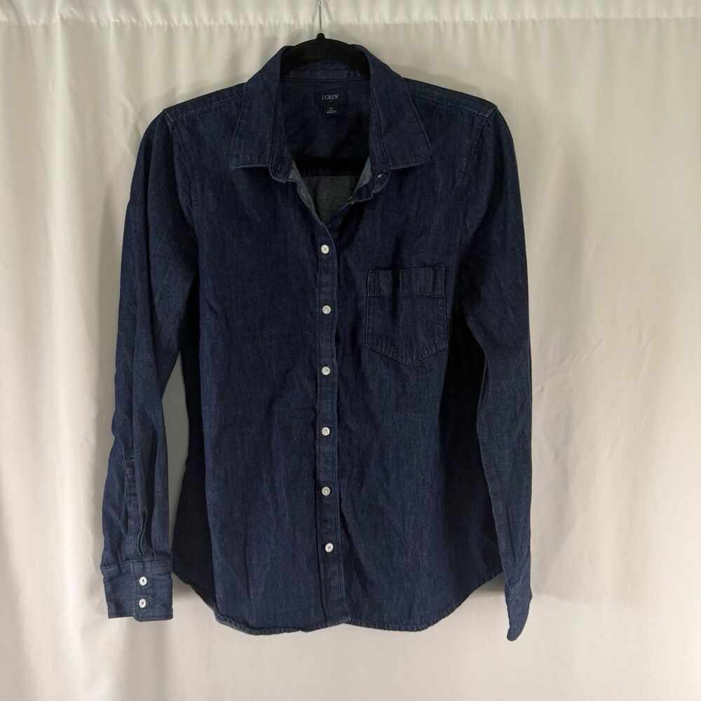 J Crew Chambray Button Up Blouse Women's Medium Dark Wash Long Sleeve Collared